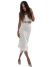 White crop top & skirt w/ feathers