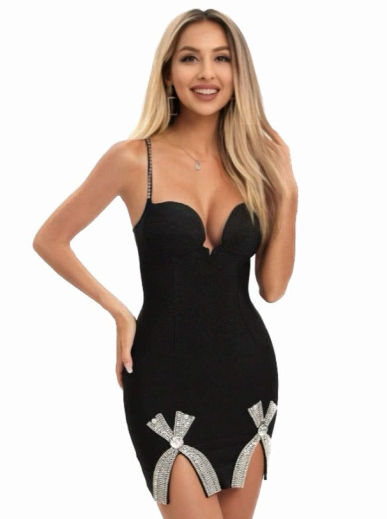 Black Bandage Mini Dress With Crystals