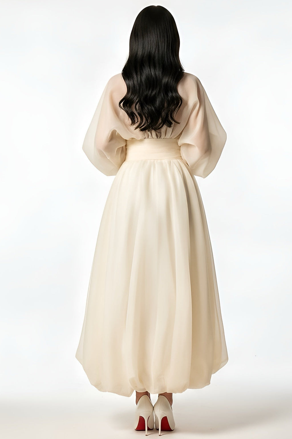 Ivory Deep V-Neck Puff Sleeves Maxi Dress product image