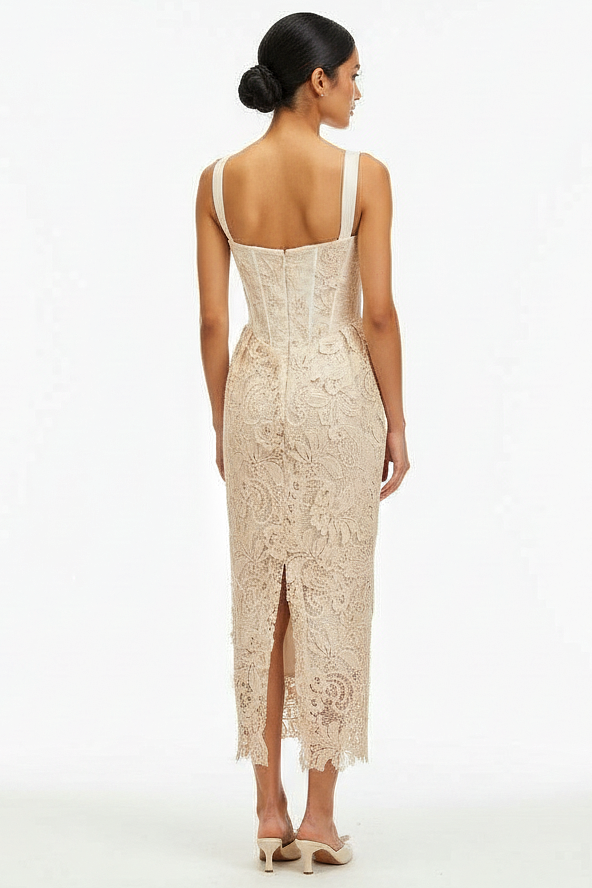 Elegant Neutral Lace Corset Midi Dress for Any Occasion – pinksalt