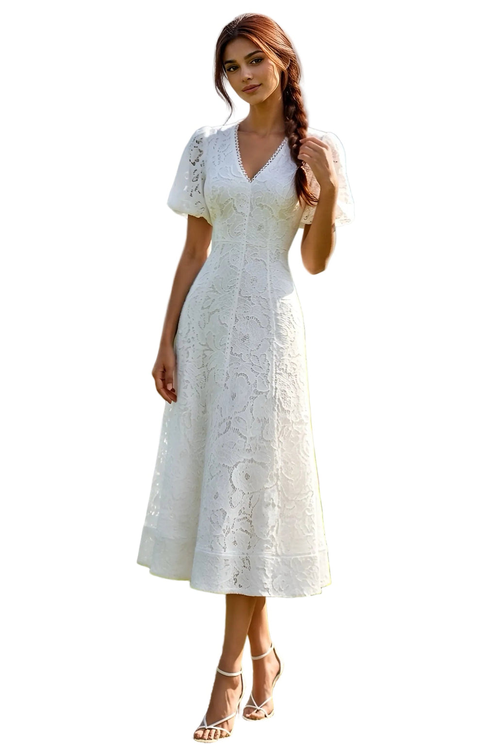 White Crochet Midi Dress with Puff Sleeves product image