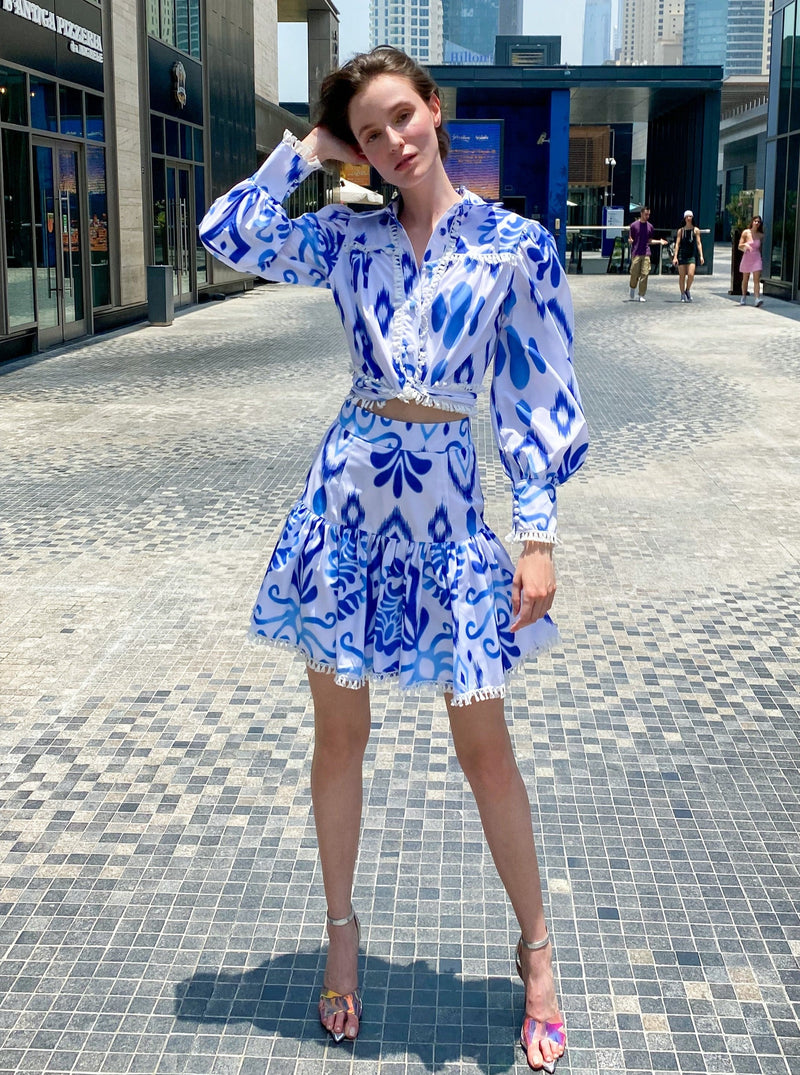White and Blue Crop Top and Skirt Set