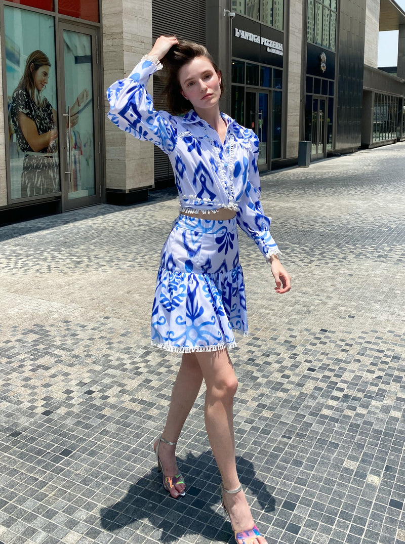 White and Blue Crop Top and Skirt Set