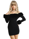 Black Off Shoulder Mini Dress With Faux Fur