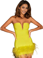 Neon Yellow Bandage Mini Dress With Feathers