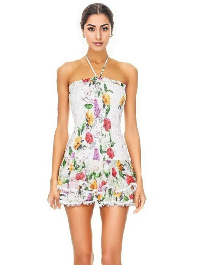 White Floral Tube Mini Dress