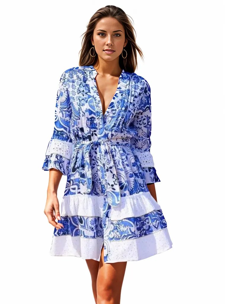 White / Blue Printed Mini Dress