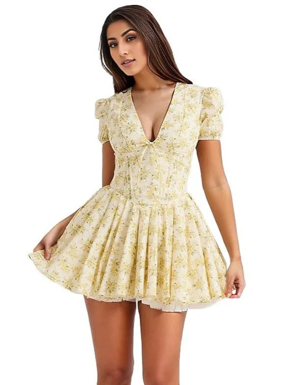 Yellow Printed Mini Dress