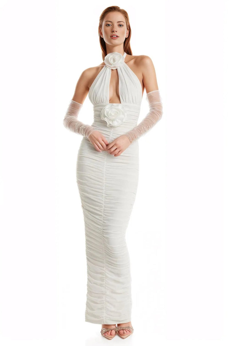 White Ruched Mesh Midi Dress