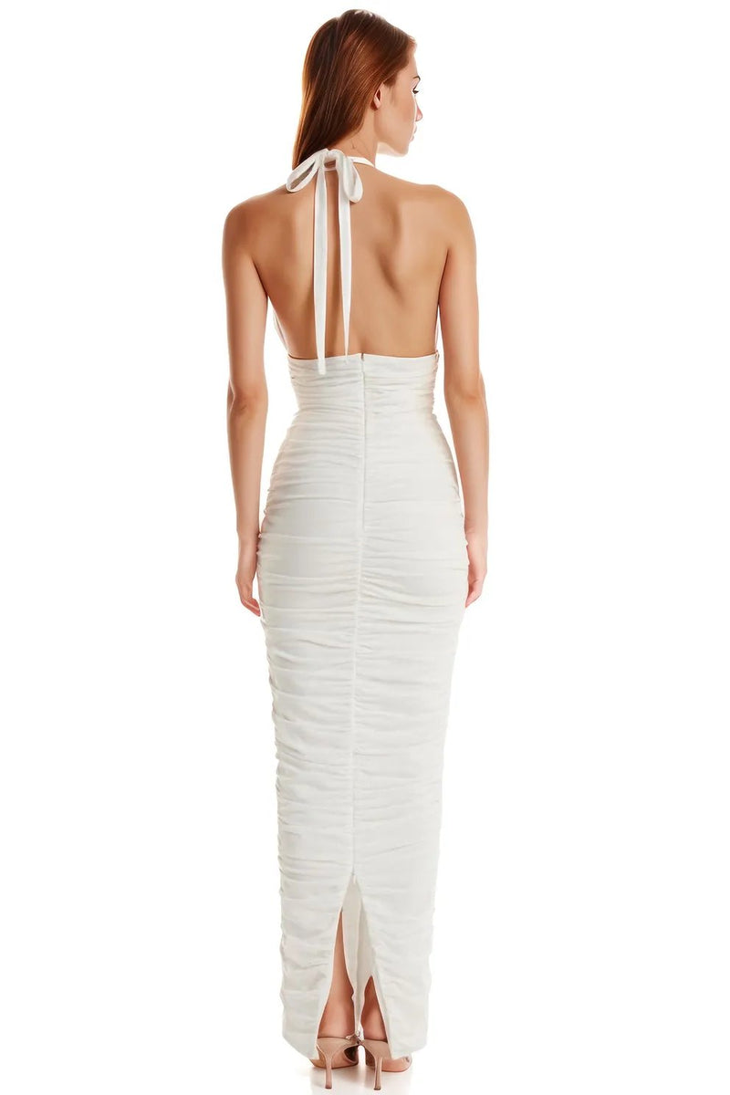 White Ruched Mesh Midi Dress