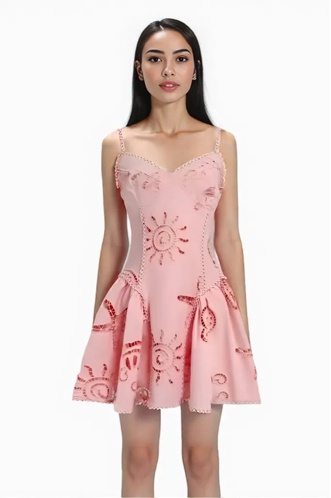 Peach Embroidered Mini Dress