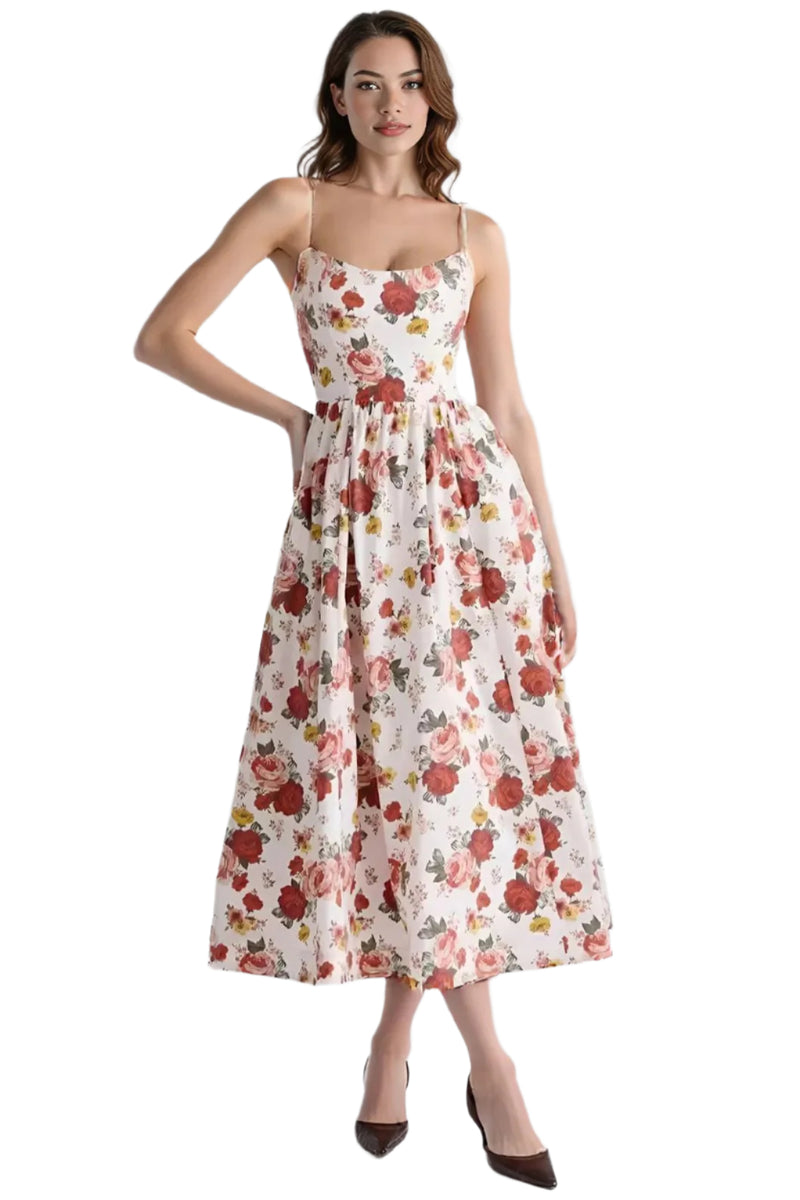 Pink Floral Printed Midi Dress