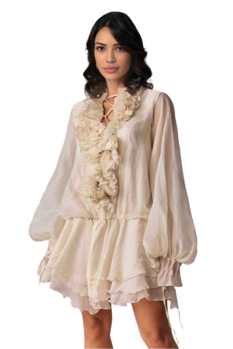 Beige Puff Sleeves Mini Dress
