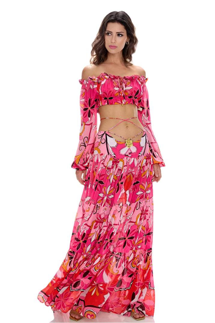 Red Printed Crop Top and Maxi Skirt