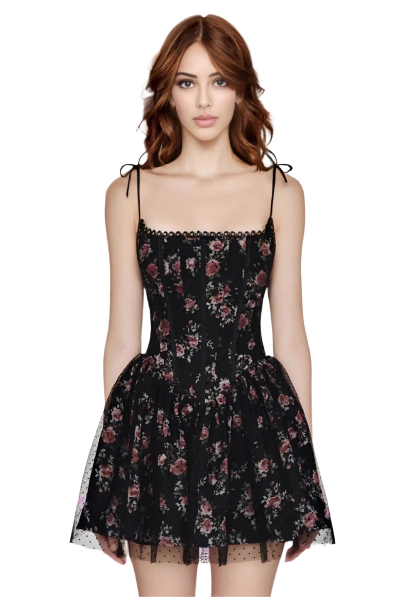 Black Chiffon Printed Mini Dress