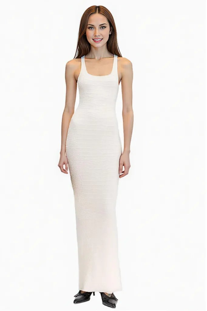White Knit with Back Slit Maxi Dress