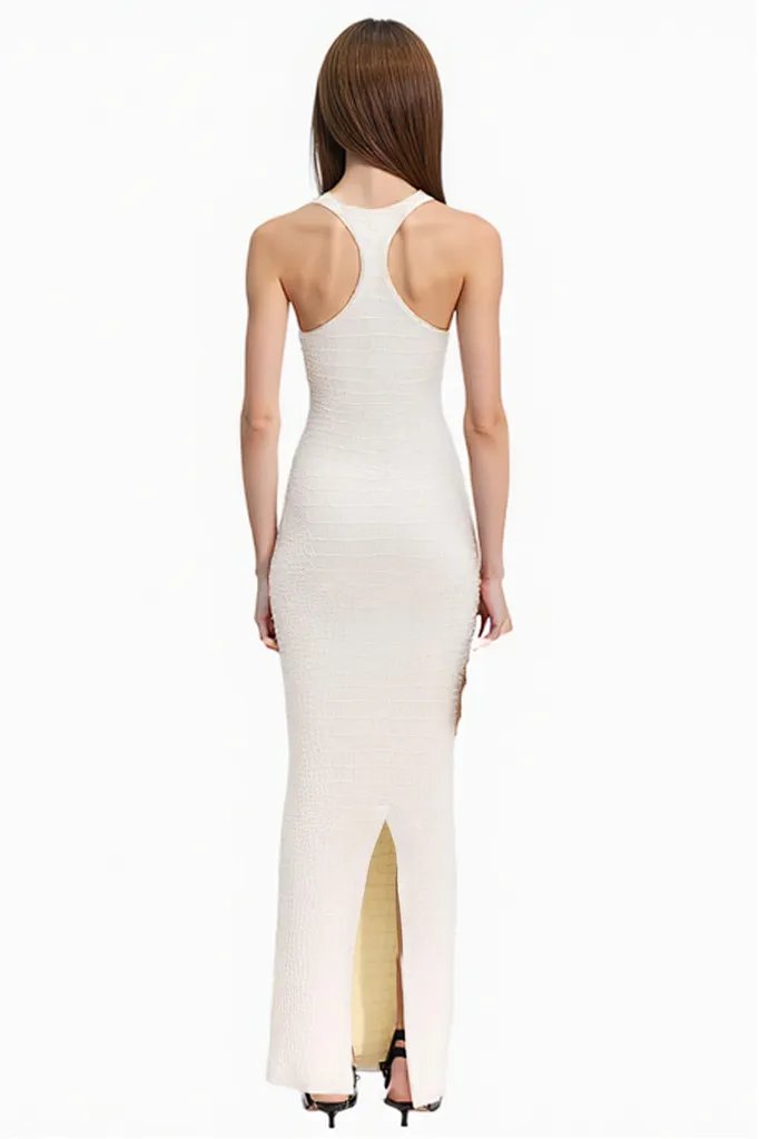 White Knit with Back Slit Maxi Dress