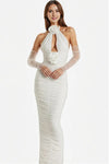 White Ruched Mesh Midi Dress
