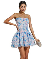 Blue Printed Tube Mini Dress