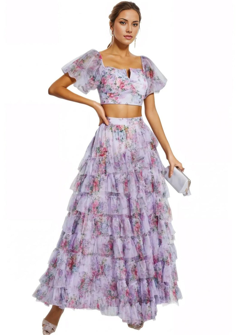 Purple Floral Chiffon Crop Top & Maxi Skirt