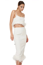 White crop top & skirt w/ feathers