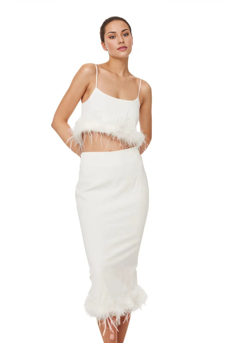 White crop top & skirt w/ feathers