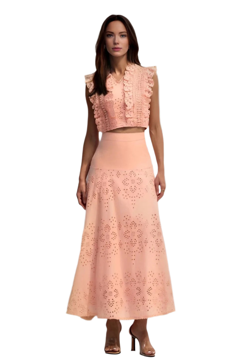 Peach Sleeveless Lace Top and Skirt
