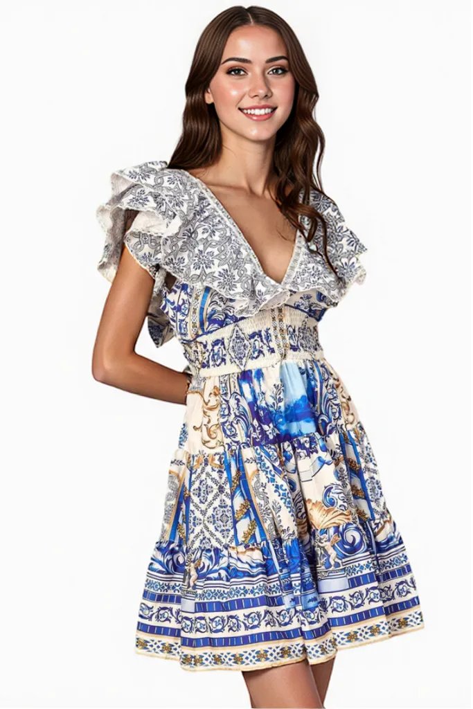 Blue Printed Mini Dress with Ruffles