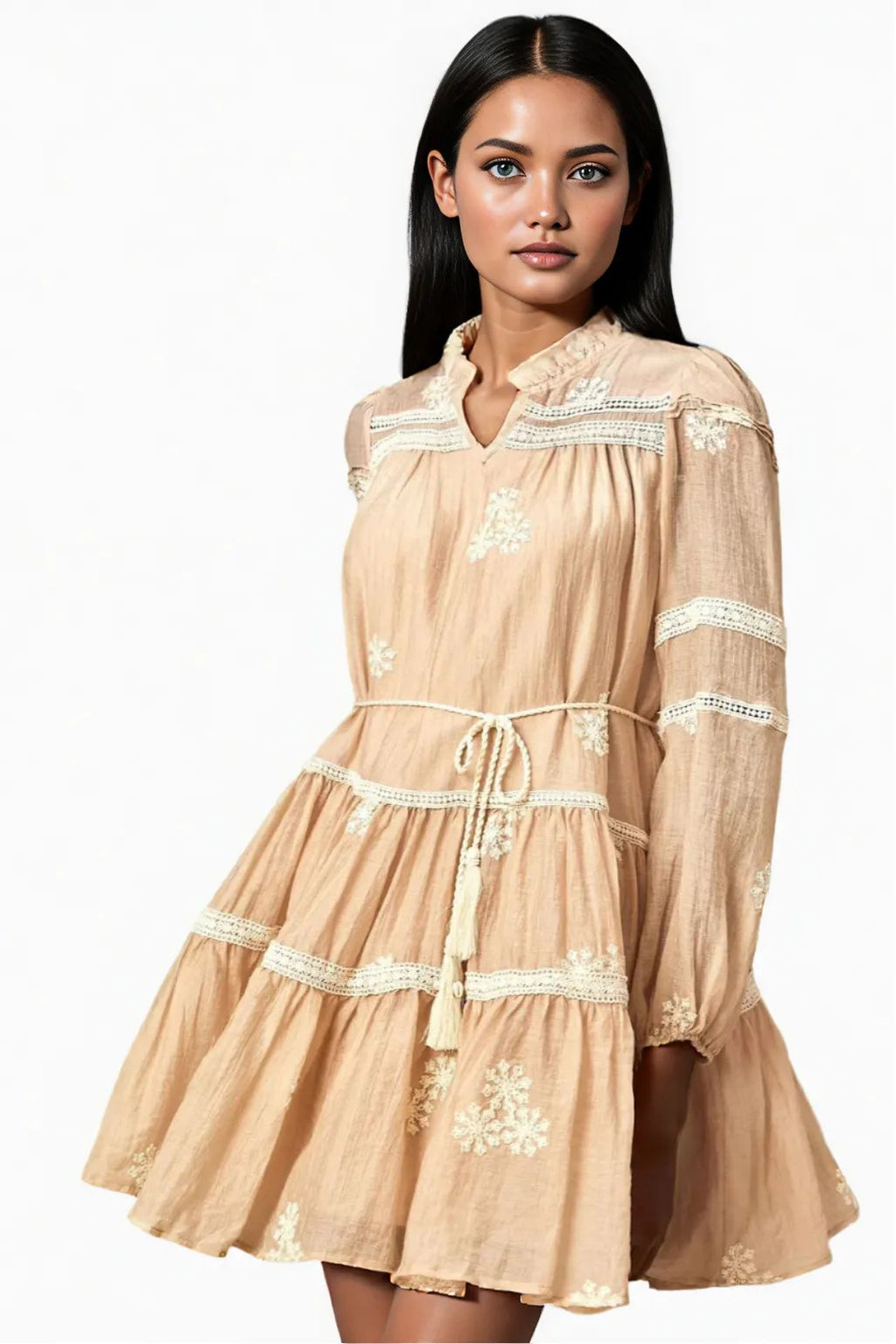 Nude Mini Dress with Embroidered