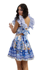 Blue Printed Mini Dress with Ruffles