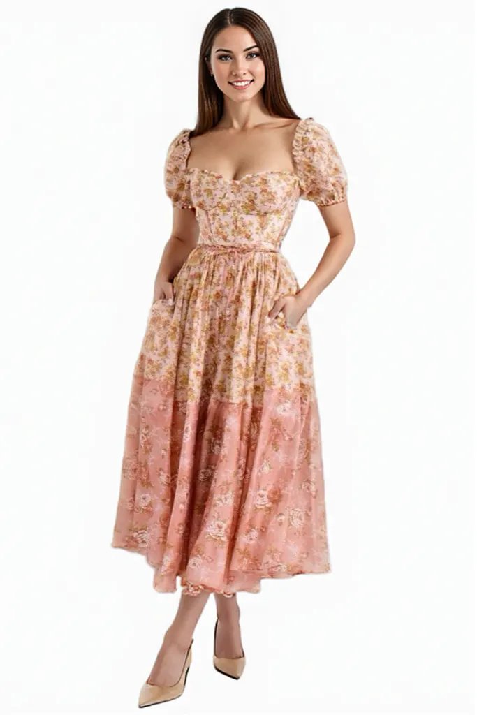 Peach Puff Sleeves Printed Midi Dress
