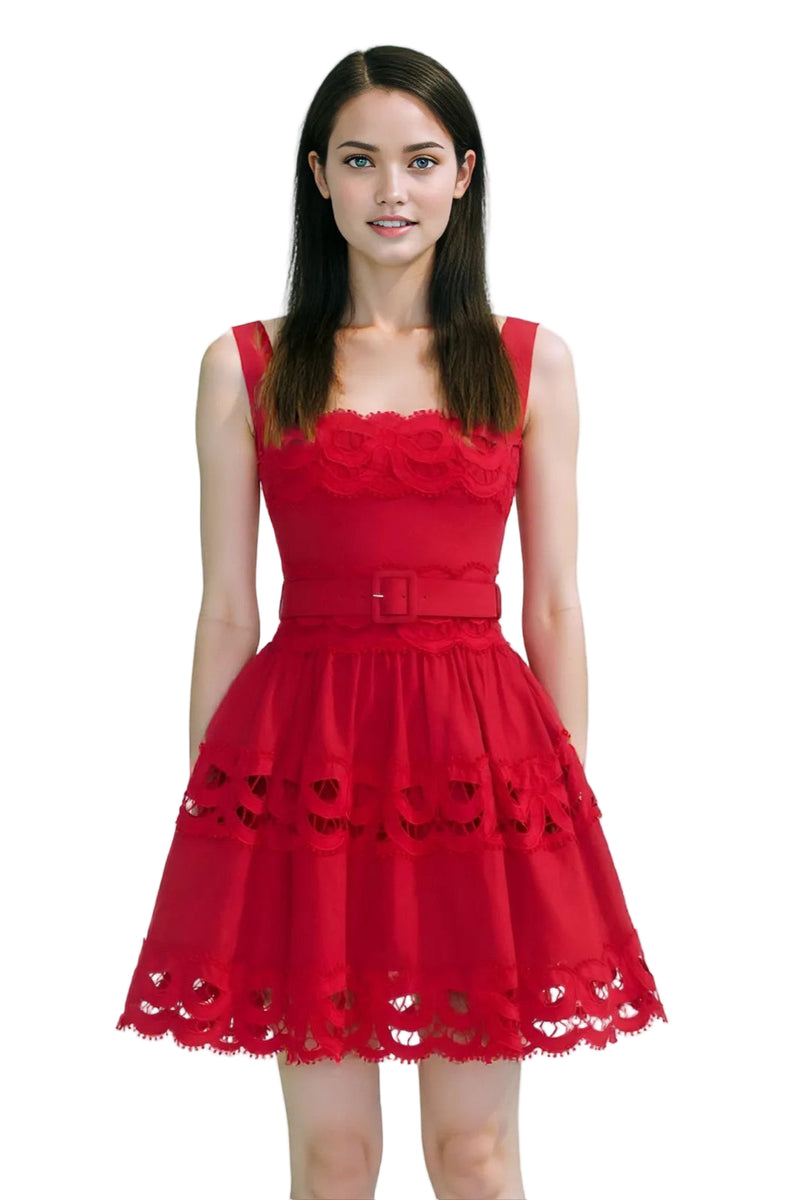 Red Lace Mini Dress with Belt