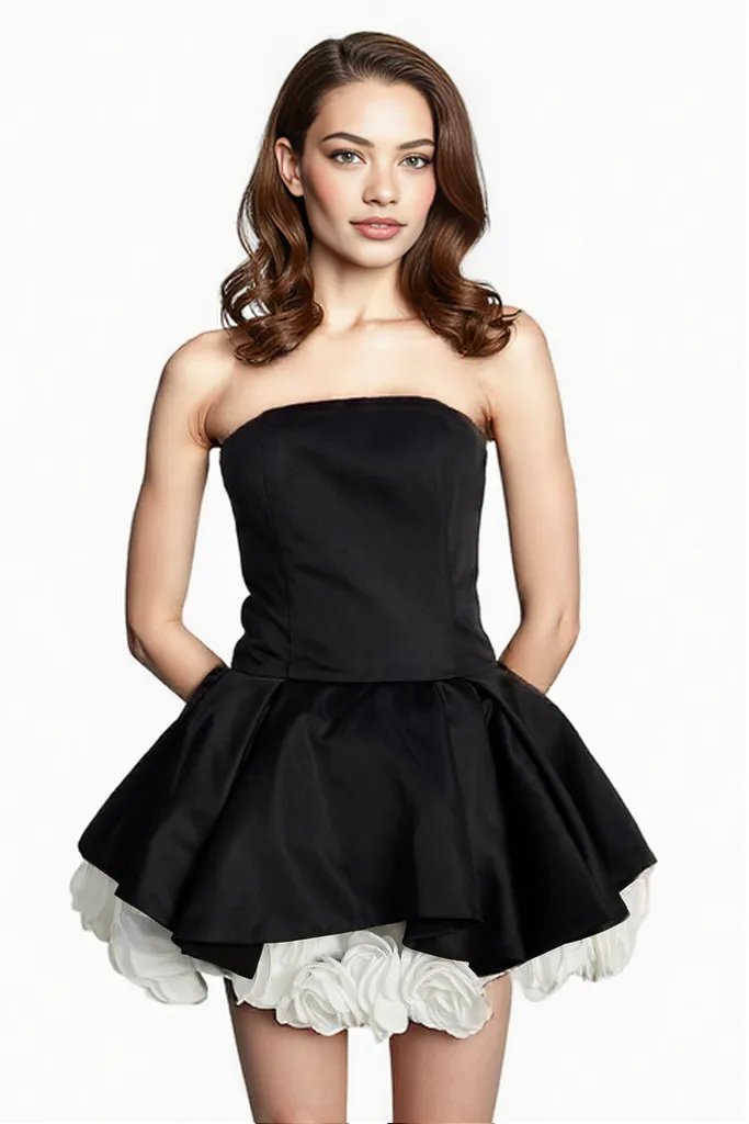 Black Silky Mini Dress with White Flowers