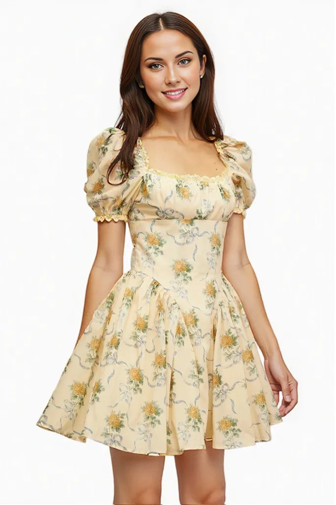 Yellow Floral Printed Mini Dress