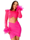 Hot pink crop top and skirt with feathers