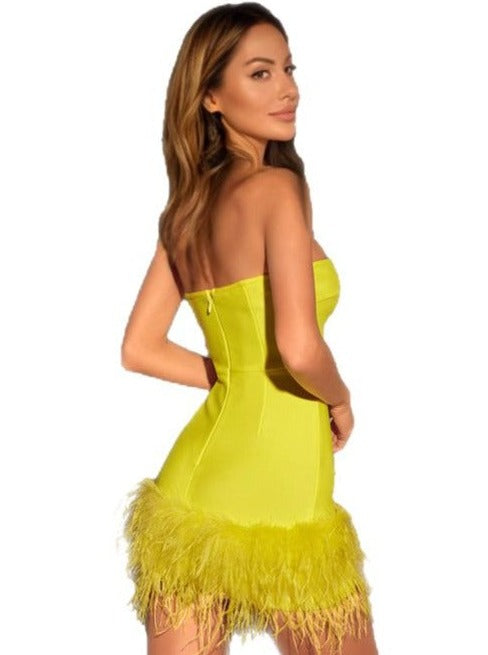 Neon Yellow Bandage Mini Dress With Feathers