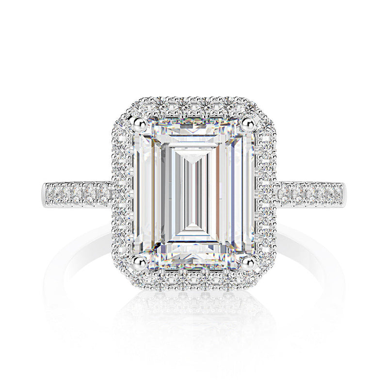 Silver & Simulated Diamond Emerald Cut Halo Ring