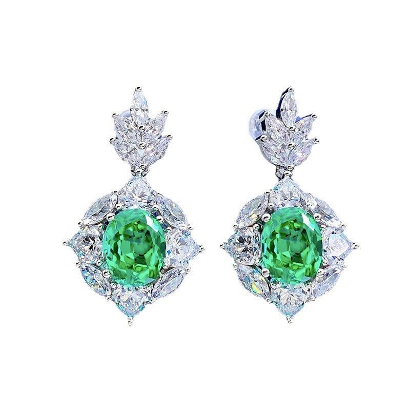 Silver & Simulated Diamonds Green Oval Halo Earrings