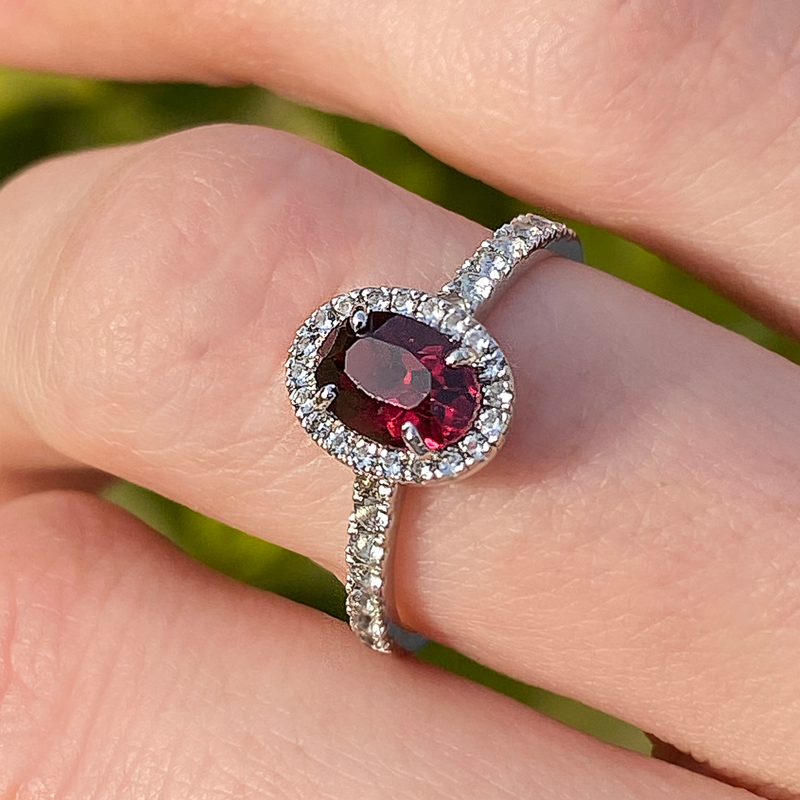 White Topaz Halo Rhodolite Ring