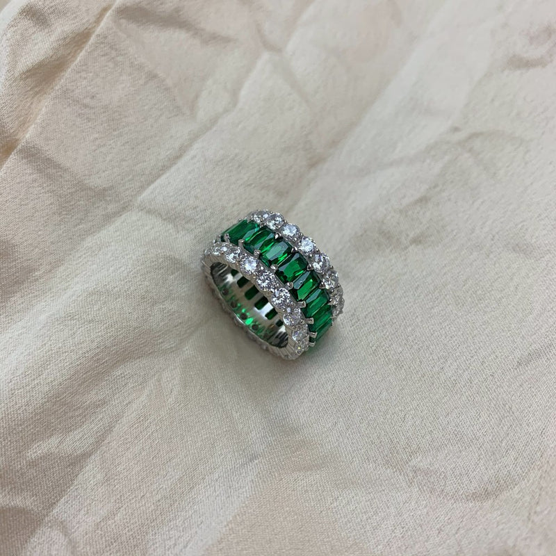 Silver Triple Eternity Simulated Emerald Ring