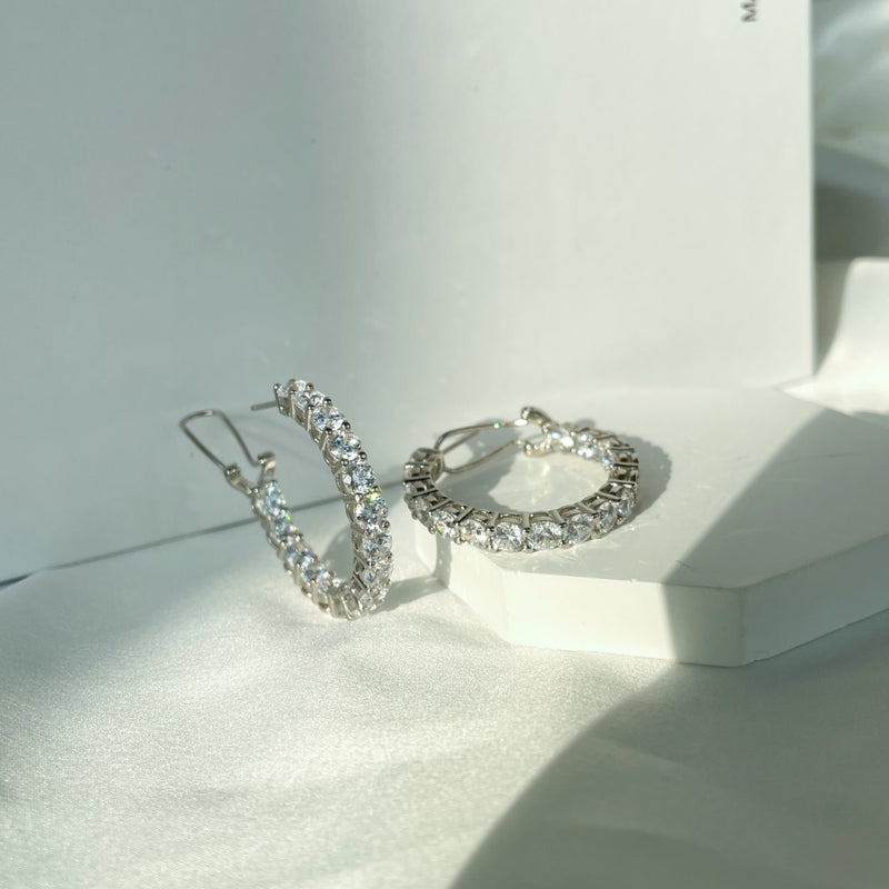 Silver & Simulated Diamond Large Hoop Earrings