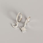 Star and Moon Hoops in White Gold