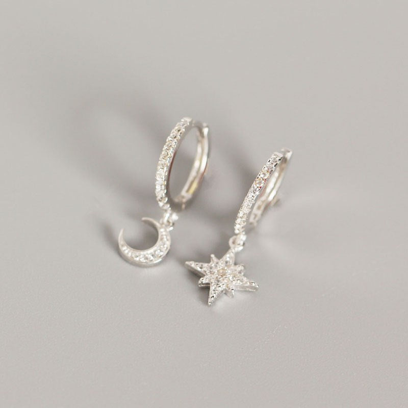 Star and Moon Hoops in White Gold