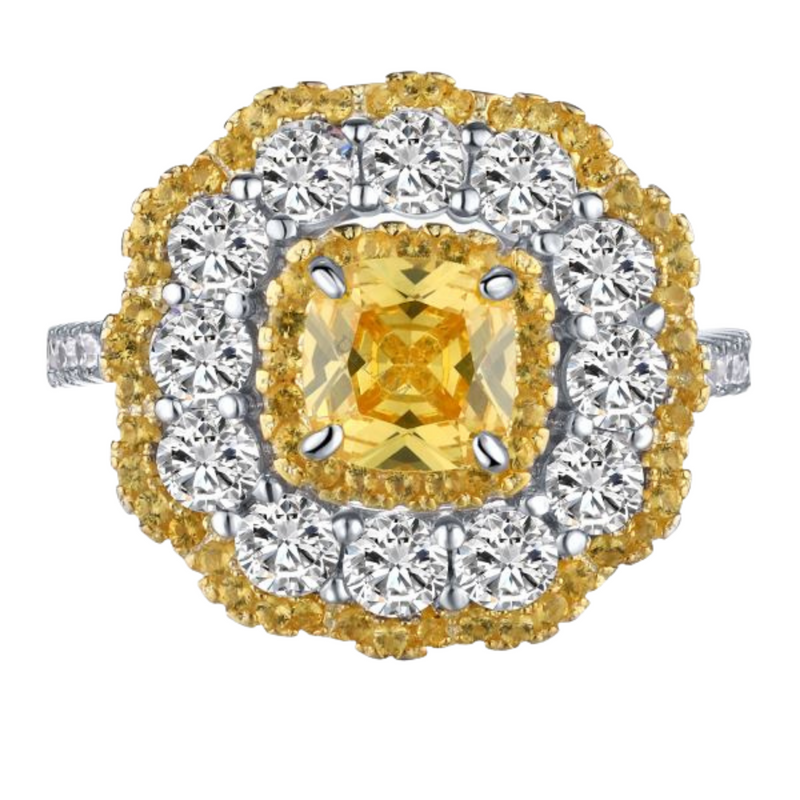 Silver Latifa Yellow Cushion  Ring