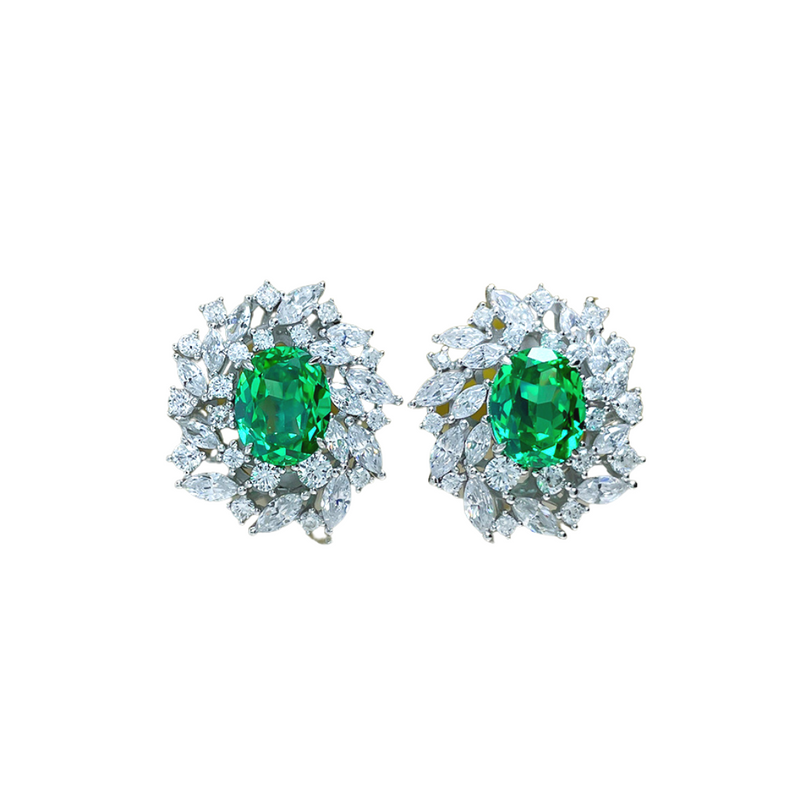 Silver & Simulated Diamond Green Halo Marquise Earrings