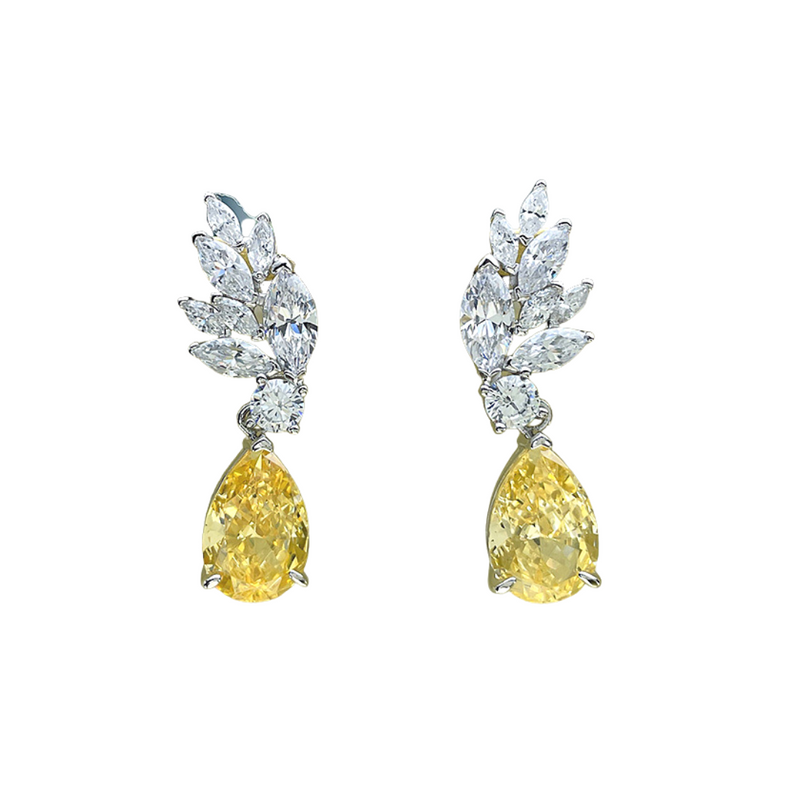 Silver & Simulated Diamonds Hanging Yellow Pear Earrings